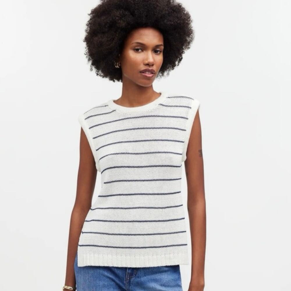 NWT Madewell Puff-Trim Sweater Vest in Stripe Bright Ivory Size Small XS